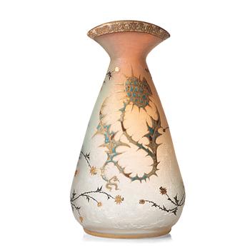 22. Daum, an opalescent etched and enamel painted glass vase, Nancy, France, 1890's.