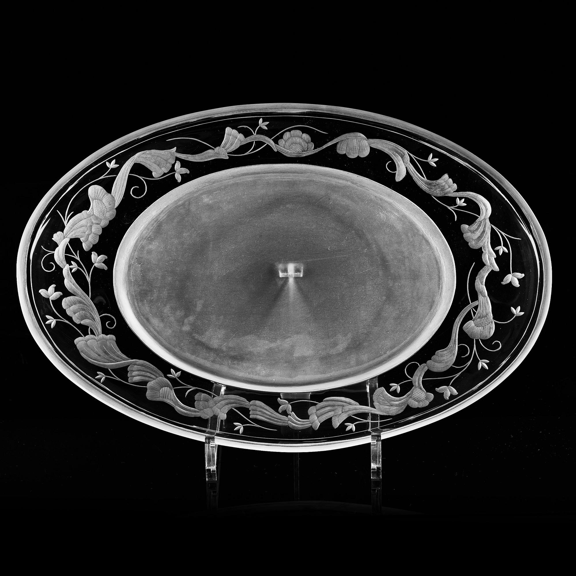 Simon Gate, a Swedish Grace engraved glass bowl with stand, Orrefors 1930, model 147, engraved by Karl Rössler.