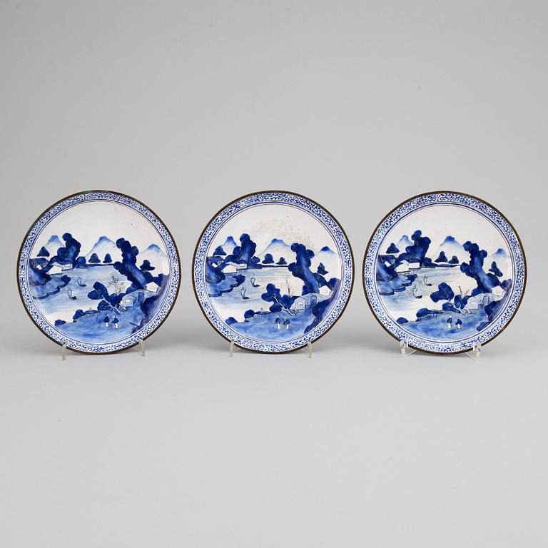 Three enamel on copper dishes, Qing dynasty, 19th century.