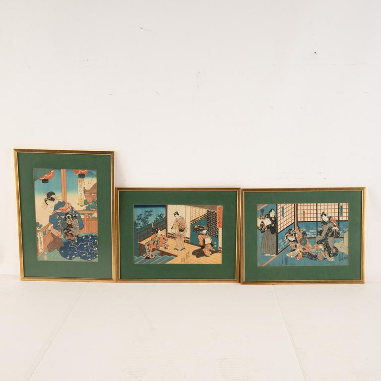 Utagawa Kunisada, three woodblock prints in colours.