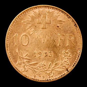 GULDMYNT, 10 fr, Schweiz, 1913. Vikt ca 3 g.