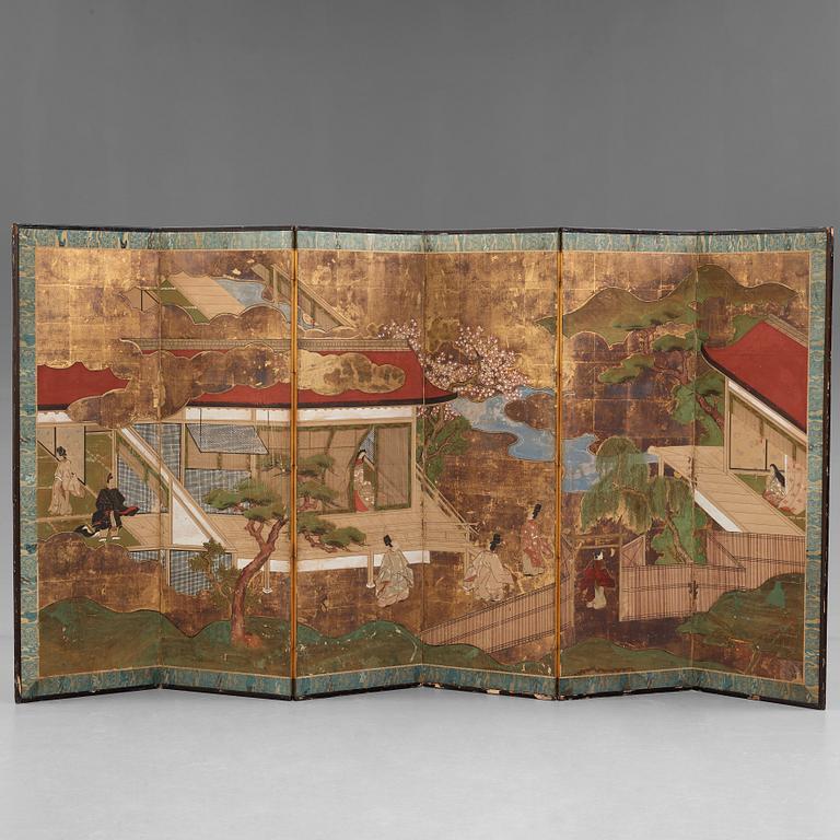 A Japanese six fold screen, Meiji (1868-1912).