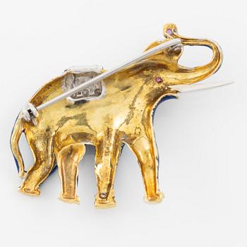 Brosch i form av elefant, 18K guld med blå emalj, rubiner och diamanter.