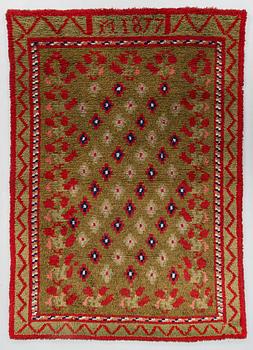 A Finnish folkart long pile ryijy-rug/ blanket dated 1877. Circa 200 x 140 cm.