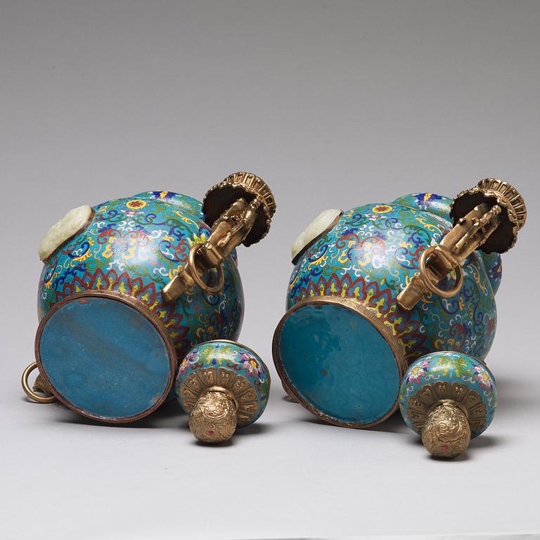 A pair of chinese cloisonne jars with covers with nephrite placques, 20th Century.