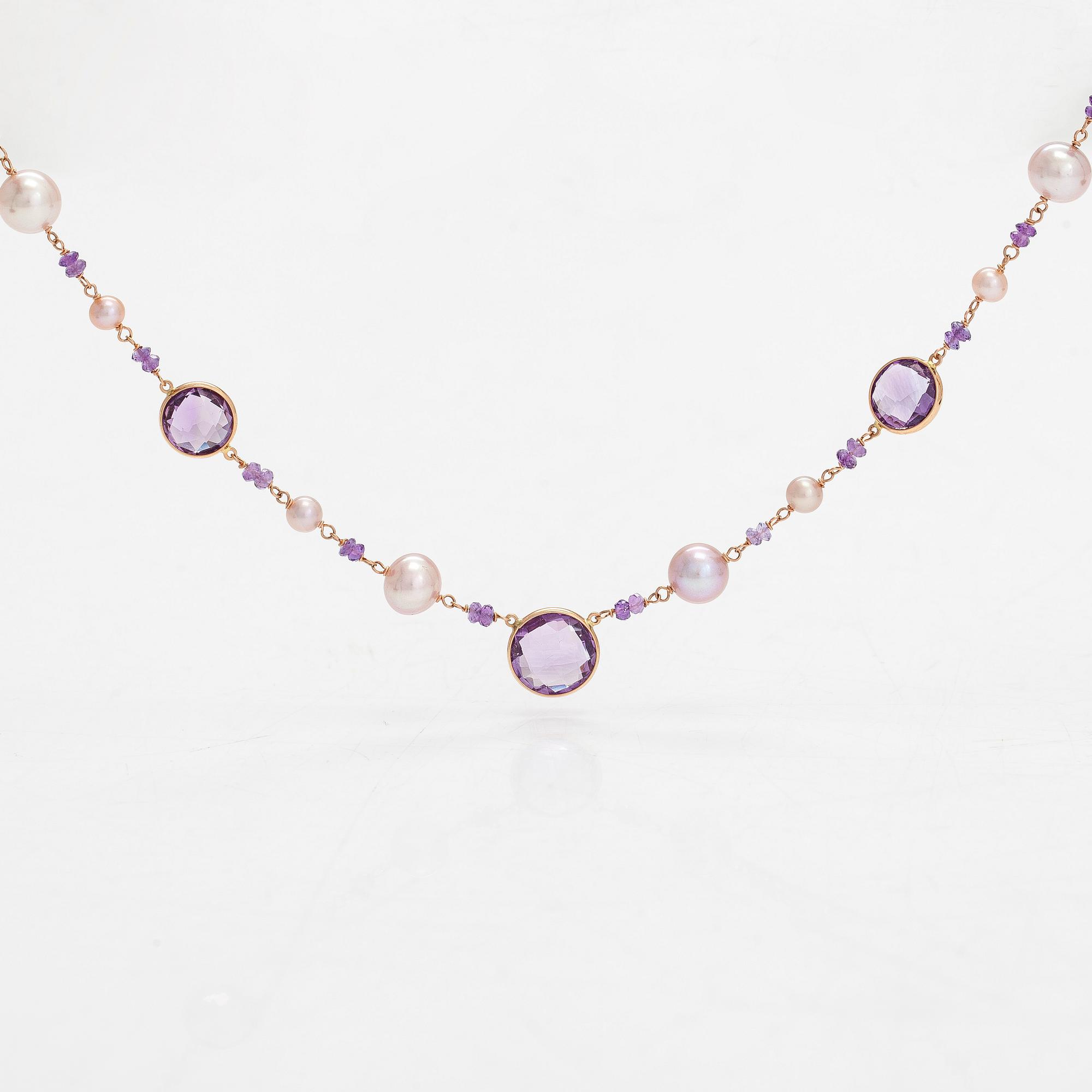 An 18K rose gold necklace, with amethysts and cultured pearls. Italy.