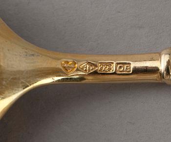 DESSERTSKEDAR, 12 st, silver och emalj, Tillander, stämplade 1991. Tot vikt ca 344 gr.