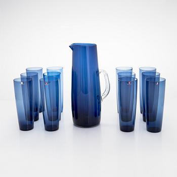 Iittala, a set of 12 glasses by Tapio Wirkkala, model 2204, and a glass pitcher by Erkki Vesanto, model 2438.