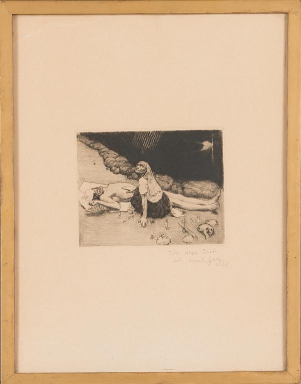 Akseli Gallen-Kallela, linjeetsning och torrnål, plåtsignerad och daterad 1905. Blyertssignerad med dedikation.