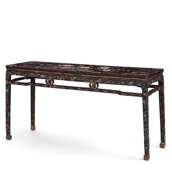 A  Chinese black lacquered altar table with mother of pearl inlay, 17th /18th Century.