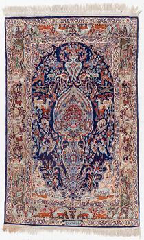 An oriental, figural, signed rug, c. 162 x 104 cm.