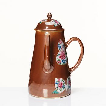 A cappuciner brown and famille rose coffee pot with cover, Qing dynasty, 18th Century.