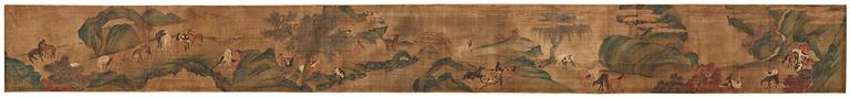 A long scroll painting after Zhao Yong (Zhao Zhongmu 1289-1369), ink and colour on paper and on silk, Qing dynasty.