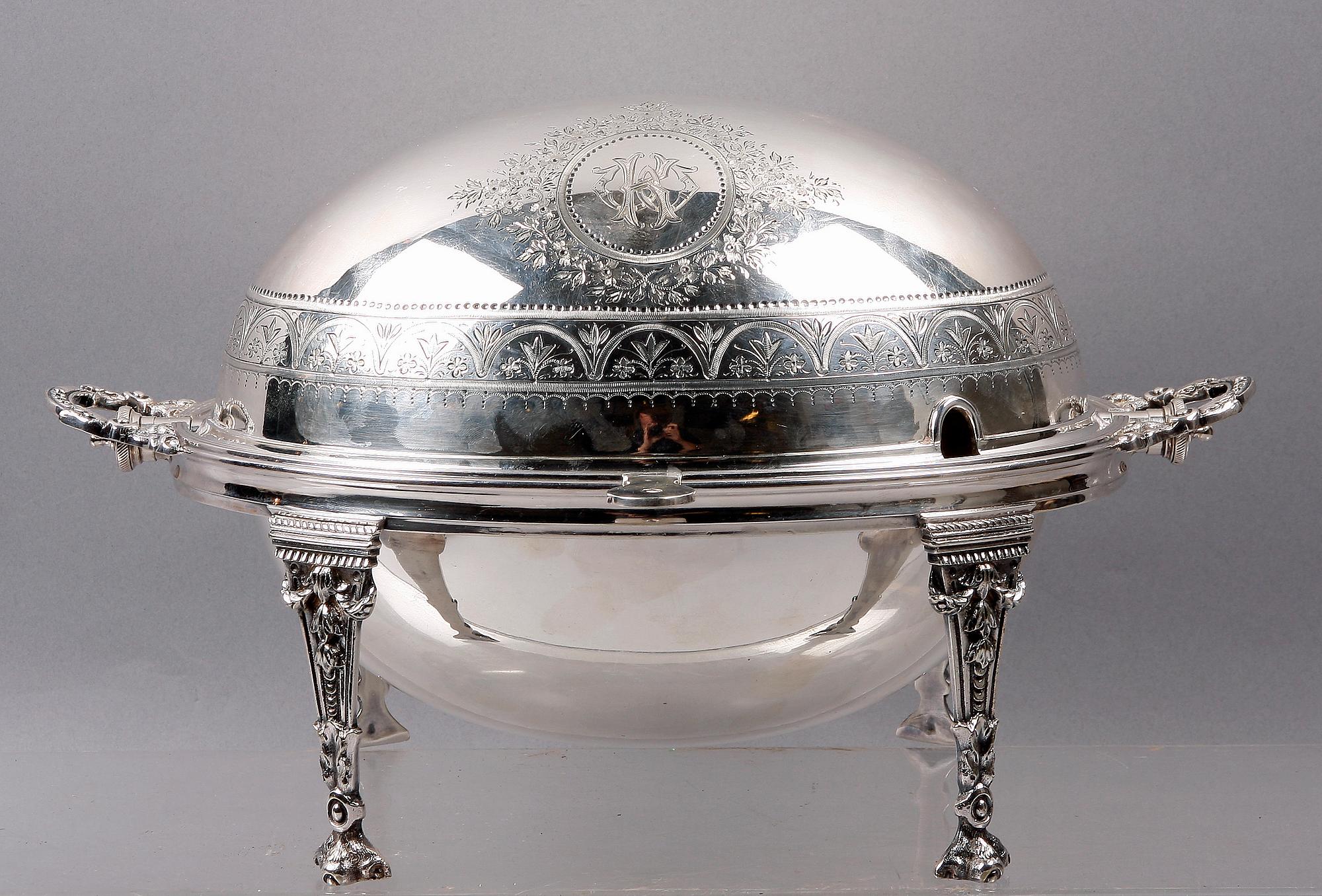 SERVERINGSSKÅL, sk Bacon Dish, pläter, Alex Clark Manufacturing, London, England. 1800/1900-tal.