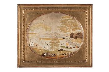 1713. BRODERAD TAVLA. Sverige omkring 1800. 26,5 x 32 cm, med samtida ram 36 x 41,5 cm.