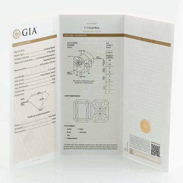 Gübelin ring platina och 18K guld med en radiantslipad diamant 3.21 ct Fancy Intense Yellow vvs 1.