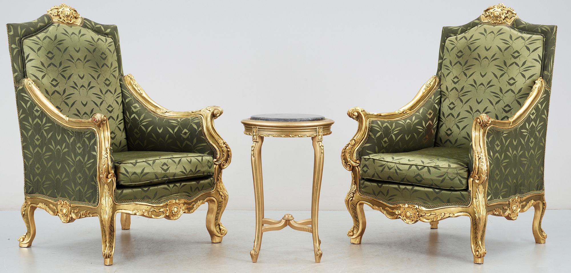 FÅTÖLJER, ett par och BORD, rokokostil, 1900/2000-tal.