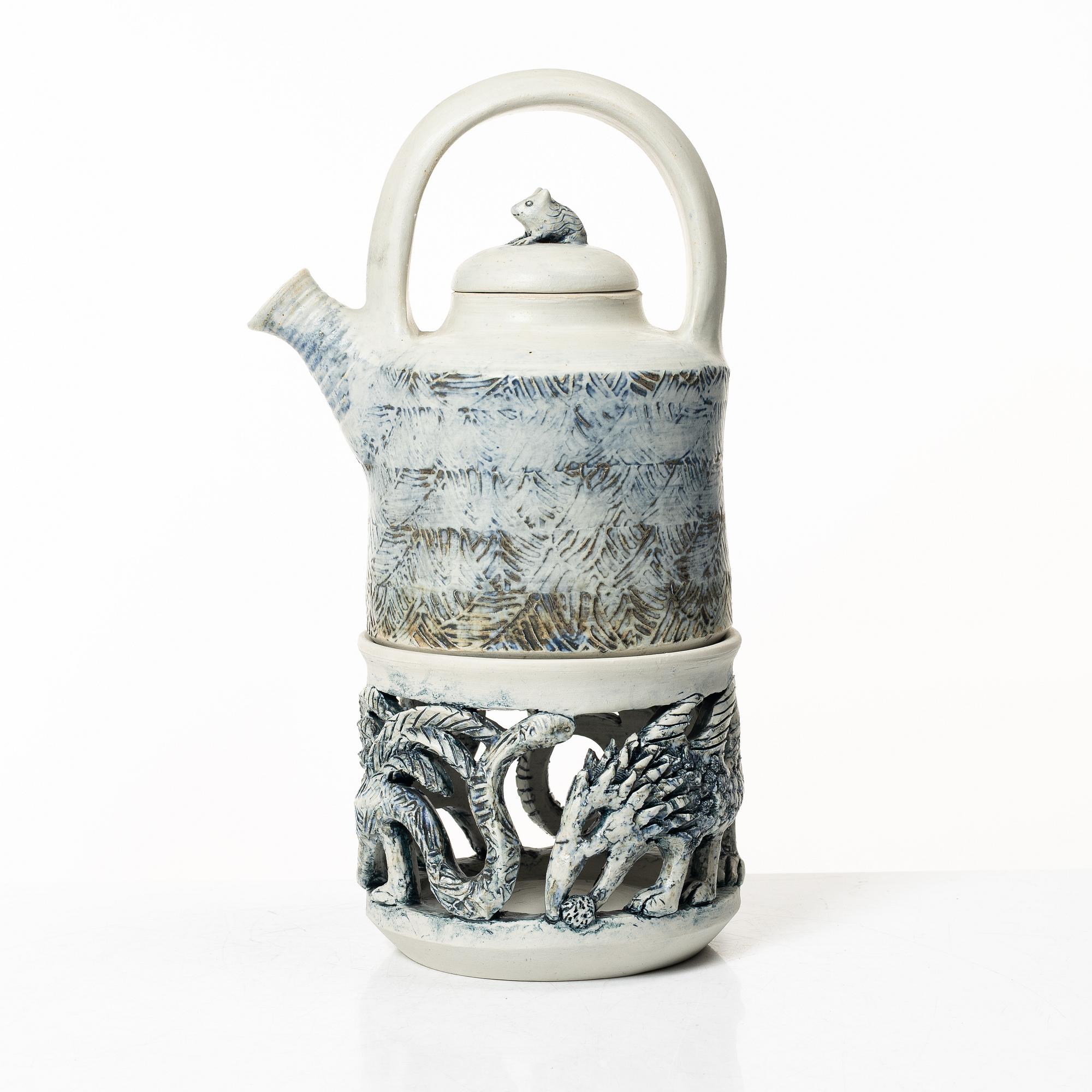 Astrid Anderberg, Tekanna med rechaud, stengods, signerat, 1984.