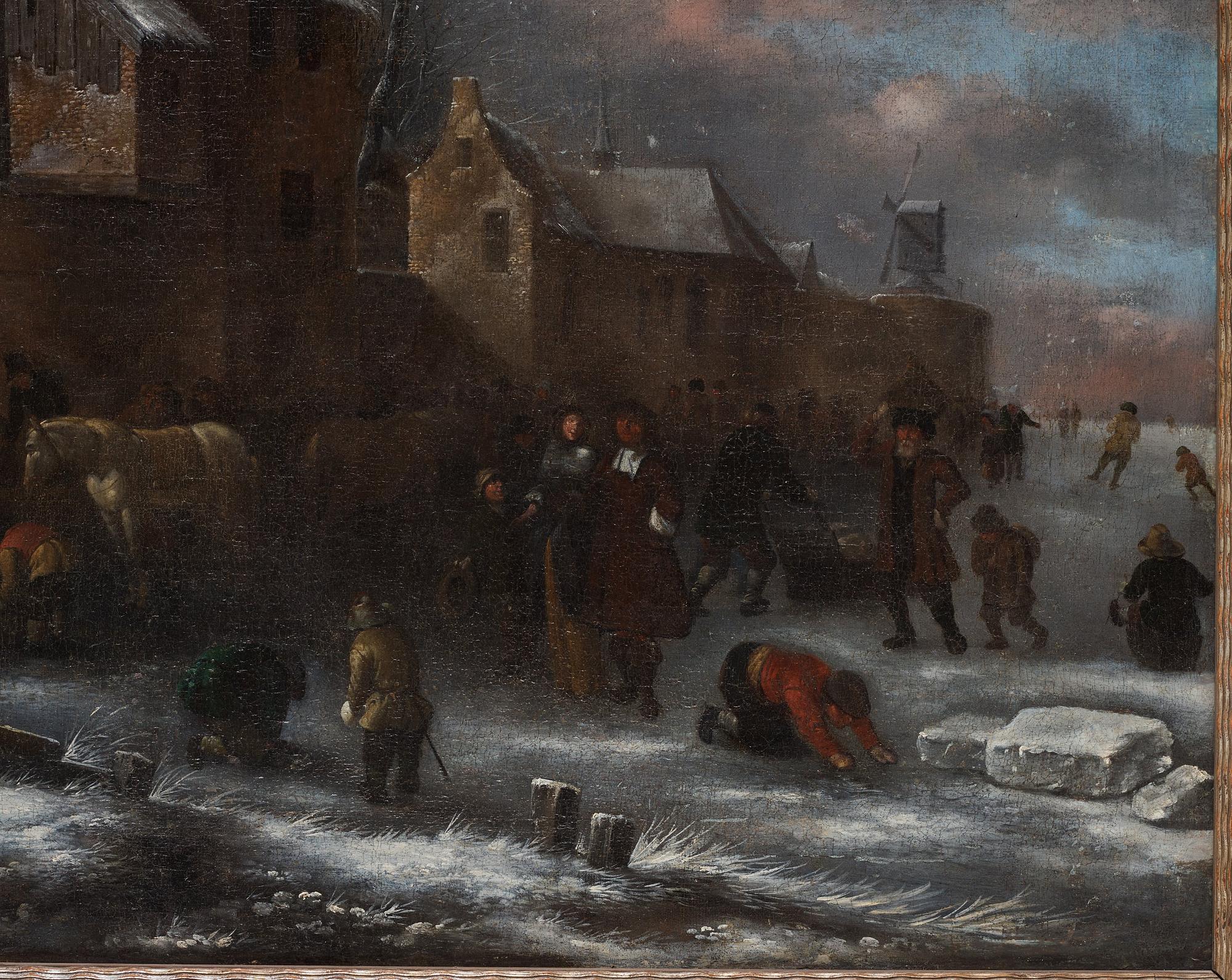Vinterlandskap med figurer utanför stadsmur.