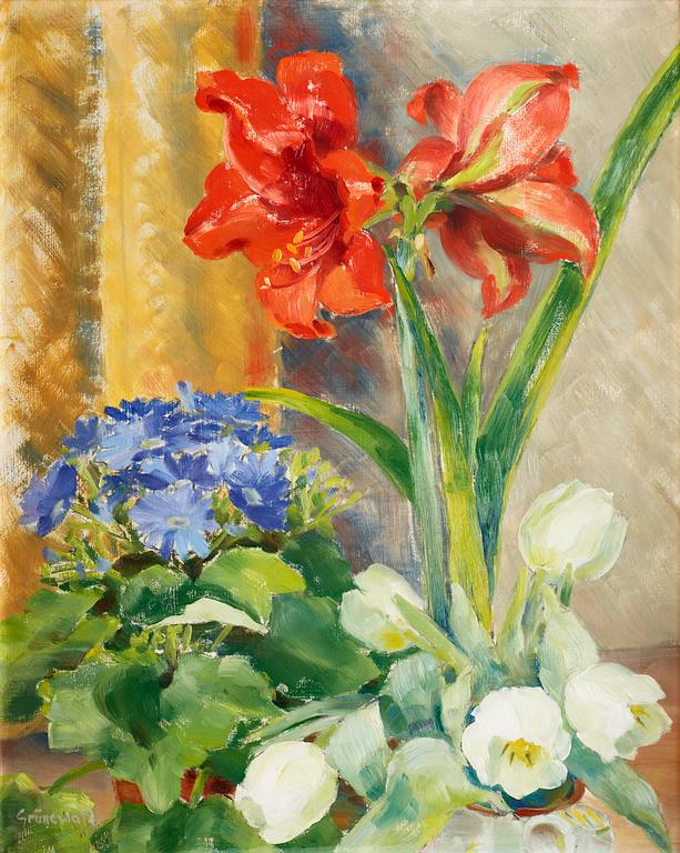 Isaac Grünewald, Blomsterstilleben med amaryllis och vita tulpaner.