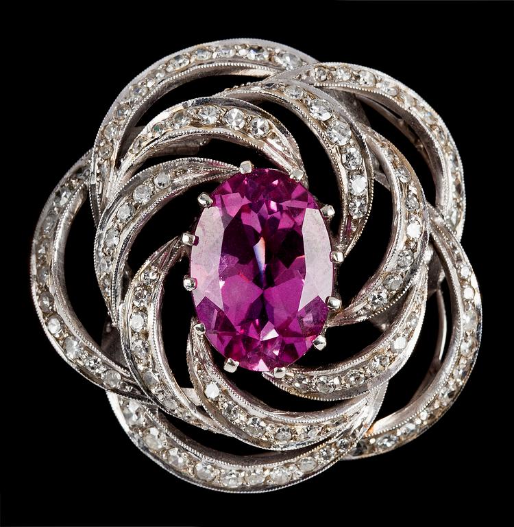 A pink topaz and diamond brooch, 1950's.