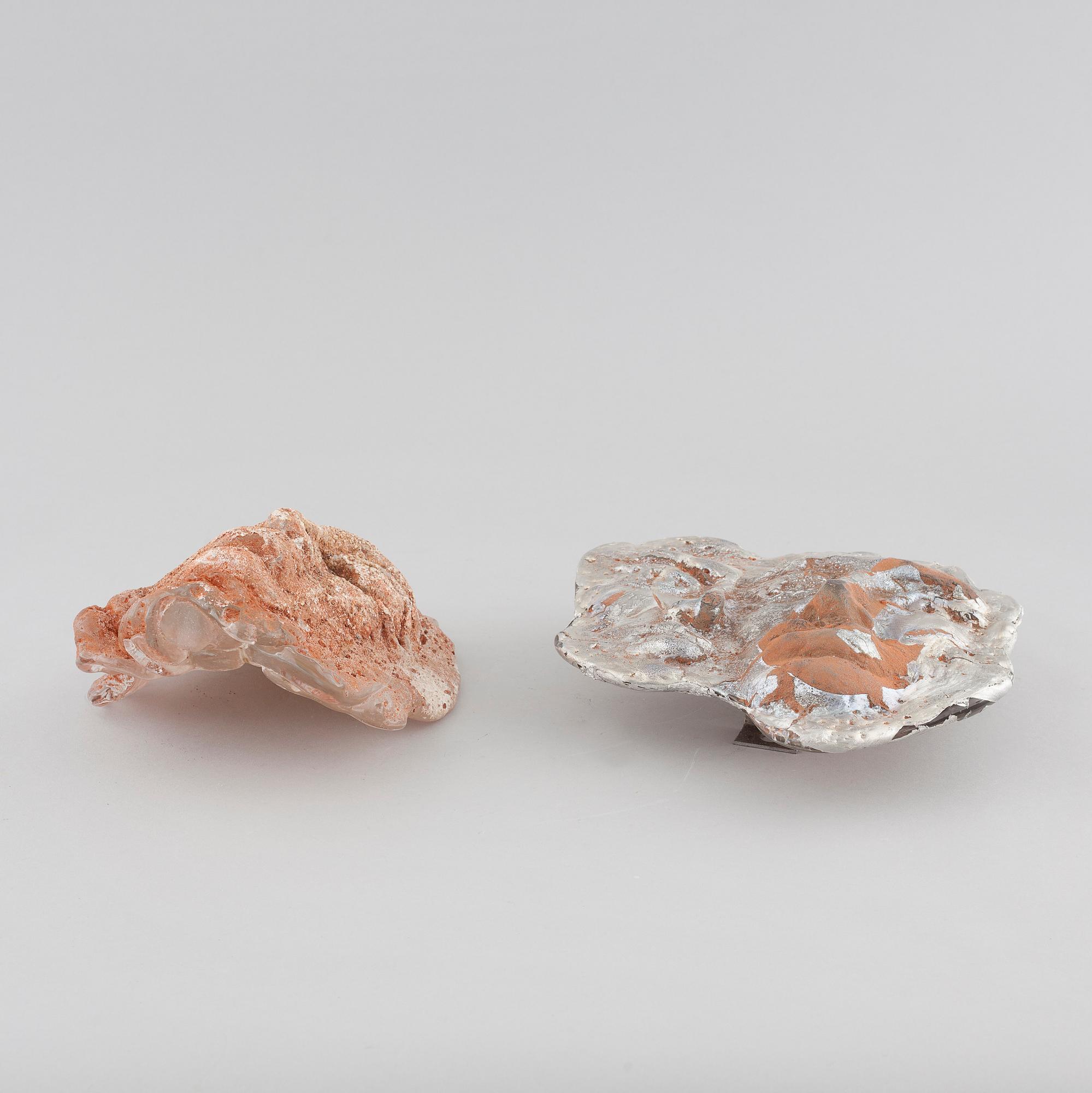 two glass objects, signed.