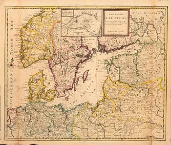 Herman Moll, map of the Baltic Sea, hand colored coper engraving, London c 1730.