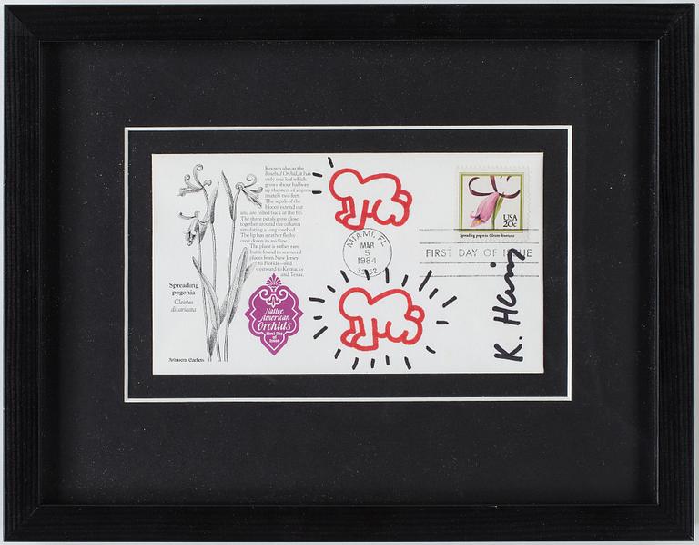 KEITH HARING, förstadagsbrev med tuschteckning, stämplat Miami Mar 5 1984, sign.