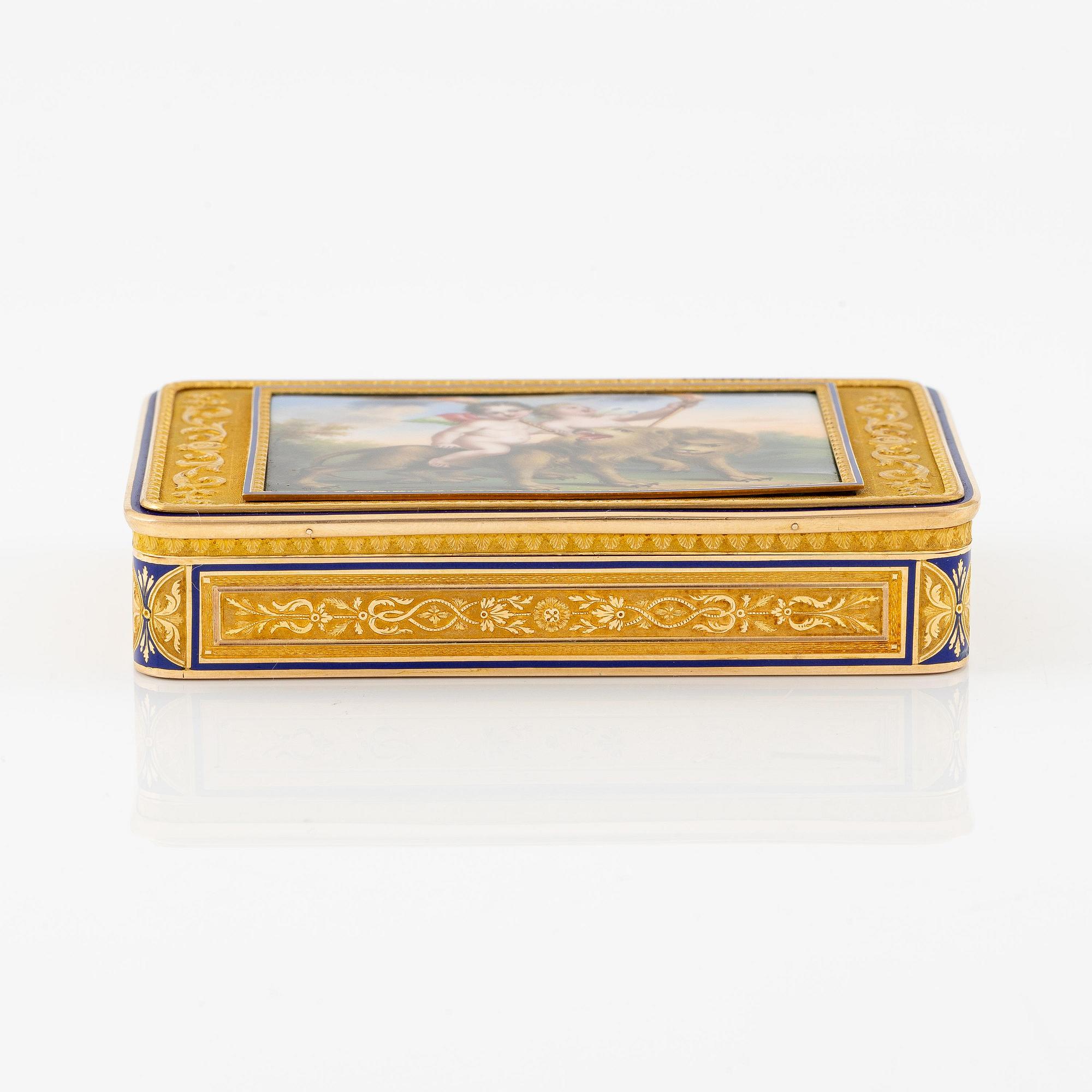 A probably Swiss 19th century two colour gold snuff box with enamel, unidentified maker's mark.