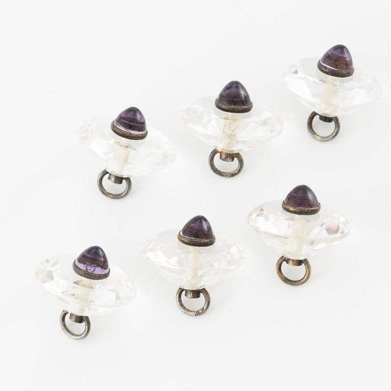 Buttons, 6 pcs, silver with faceted rock crystal and cabochon-cut amethysts.