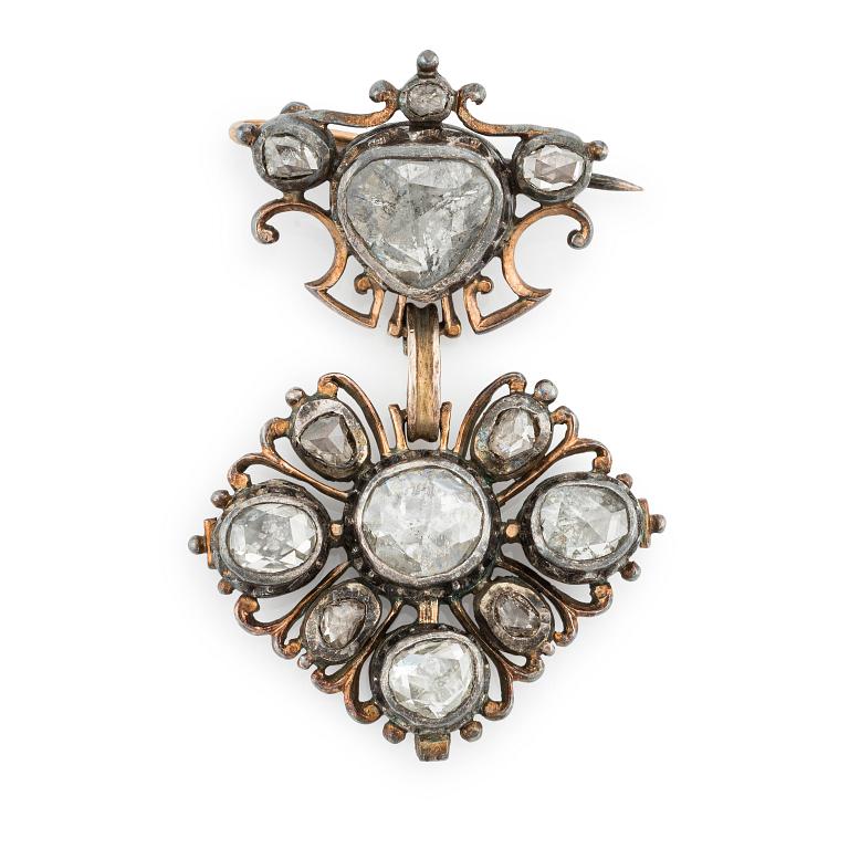 A  14K gold and silver brooch with rose-cut diamonds, 19th century.
