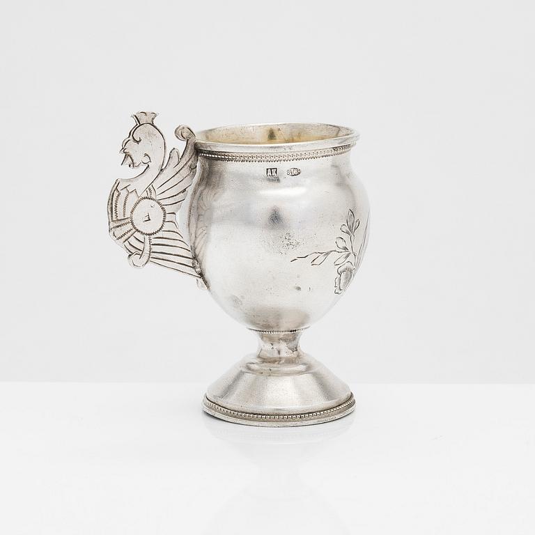 A silver charka with griffin handle, Moscow, turn of the 20th century.