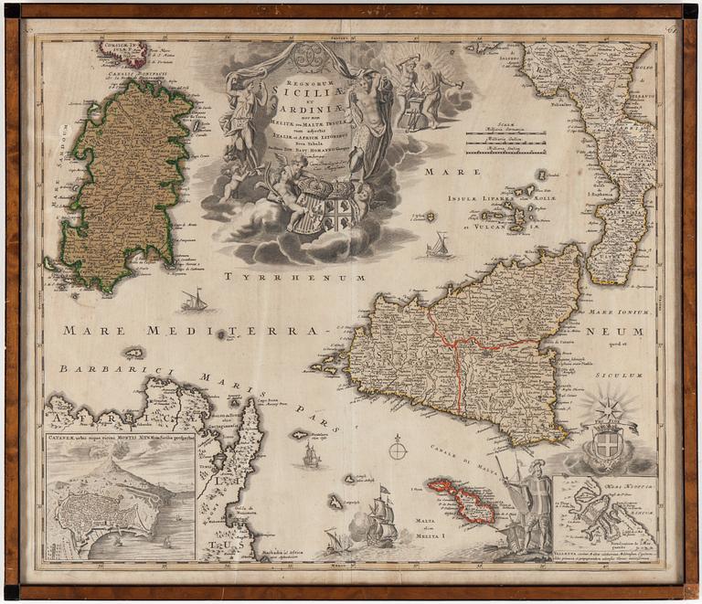 JOHANN BAPTIST HOMANN, handkolorerad gravyr, Sicilien och Sardinien. 1700-tal.