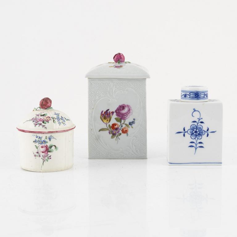 Two German tea caddies and a Swedish custard cup with cover, 20th/18th Century.
