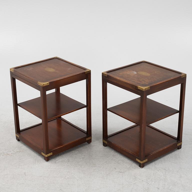A pair of mahogany  side tables with brass corners, 20th Century.