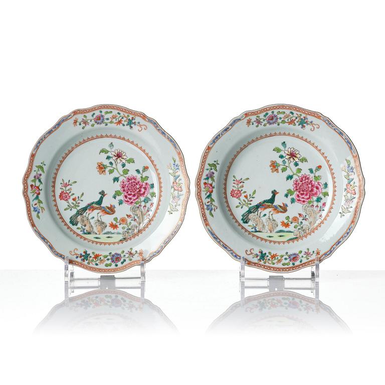A set of six famille rose 'double peacock' soup dishes, Qing dynasty, Qianlong (1736-95).