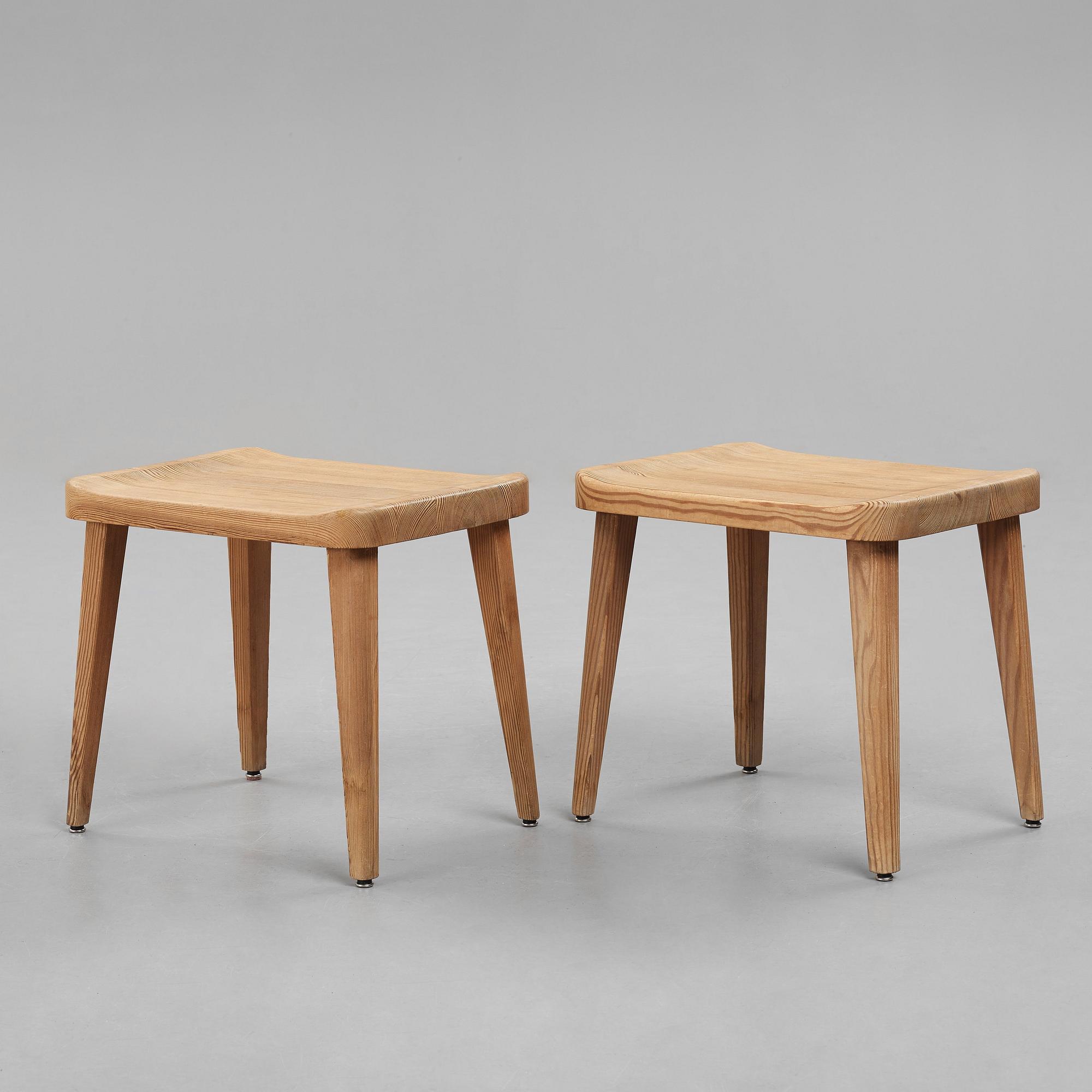 Axel Einar Hjorth, attributed to, a pair of stained pine stools, Nordiska Kompaniet, Sweden 1930's.