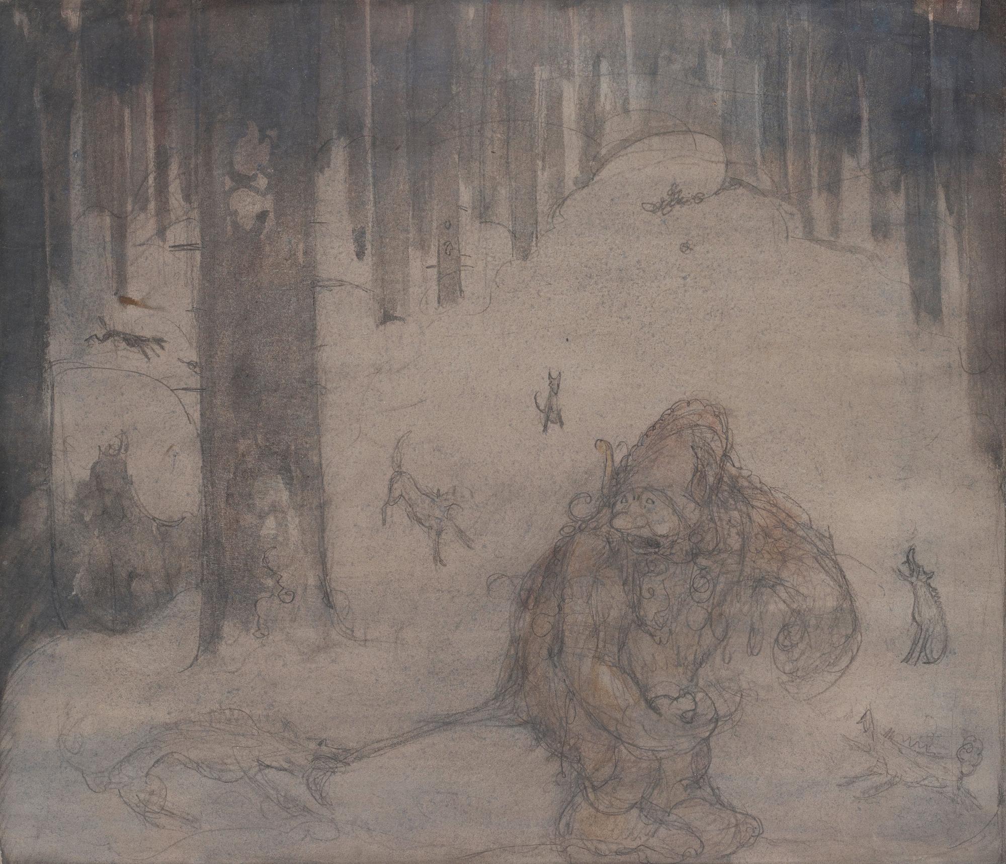John Bauer, Drawing for "Det var ju rakt omöjligt att stå ut med så'na där skällande tjutande rackare".