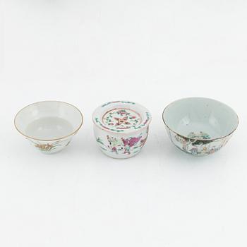 Two bowls and a soap cup, porcelain, China, late Qing dynasty.