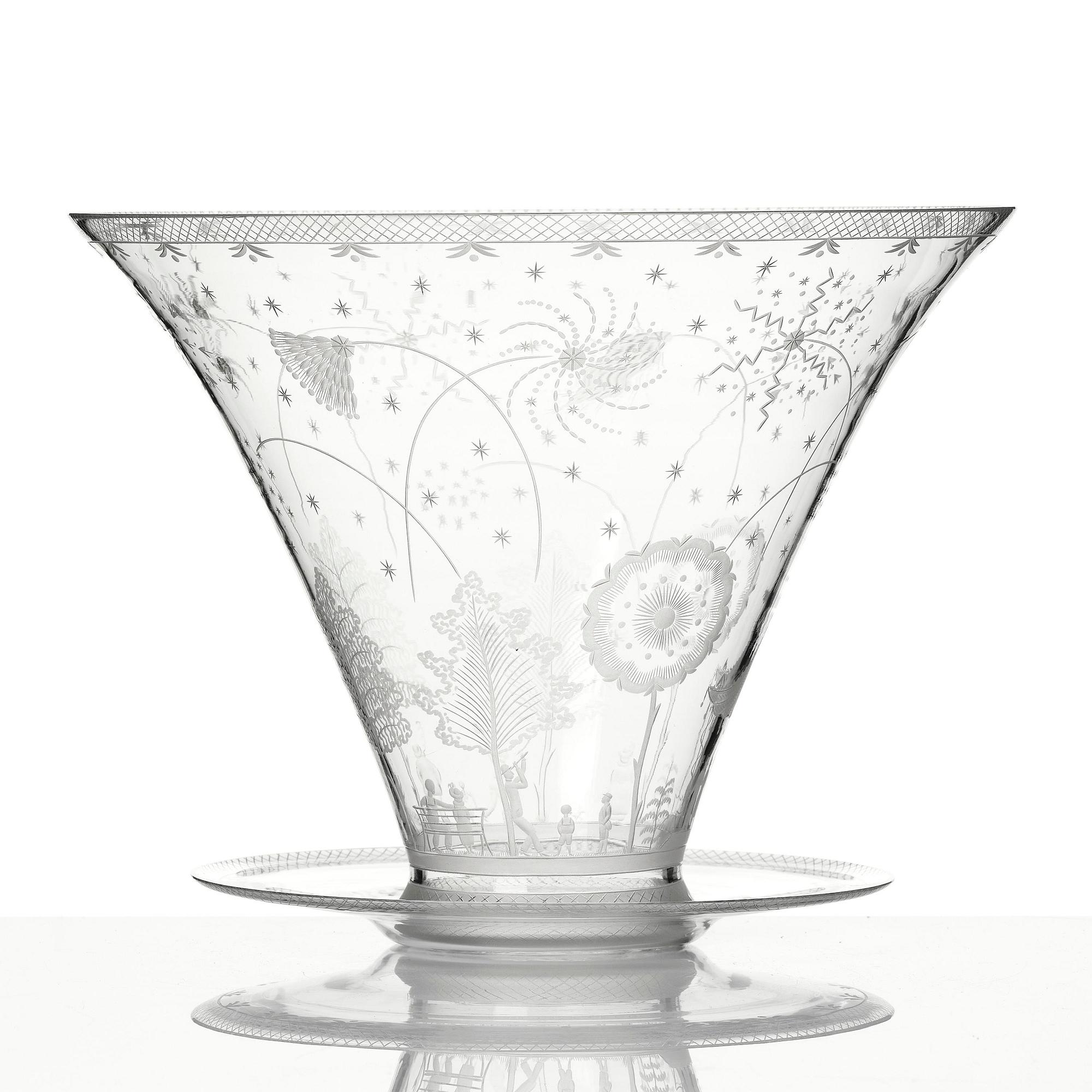 Edward Hald, a Swedish Grace "Fyrverkeri" (Fireworks) engraved glass bowl with a plate, Orrefors, Sweden, 1925, model 248.