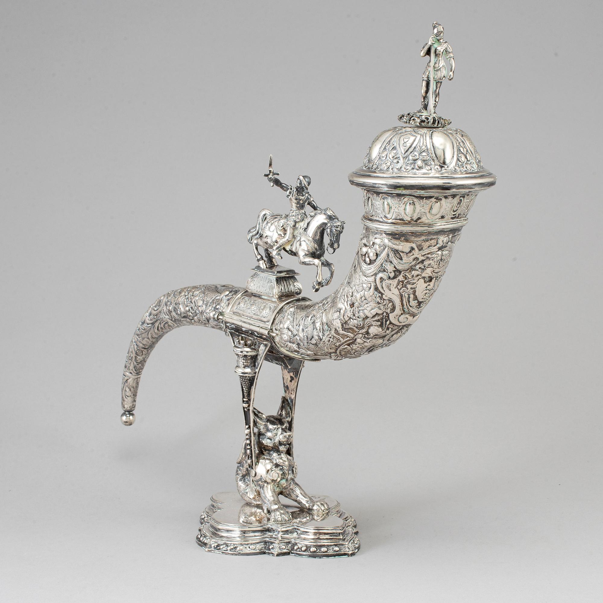 A German silver drinking horn, JD Schleissner & Söhne, Hanau around 1900.