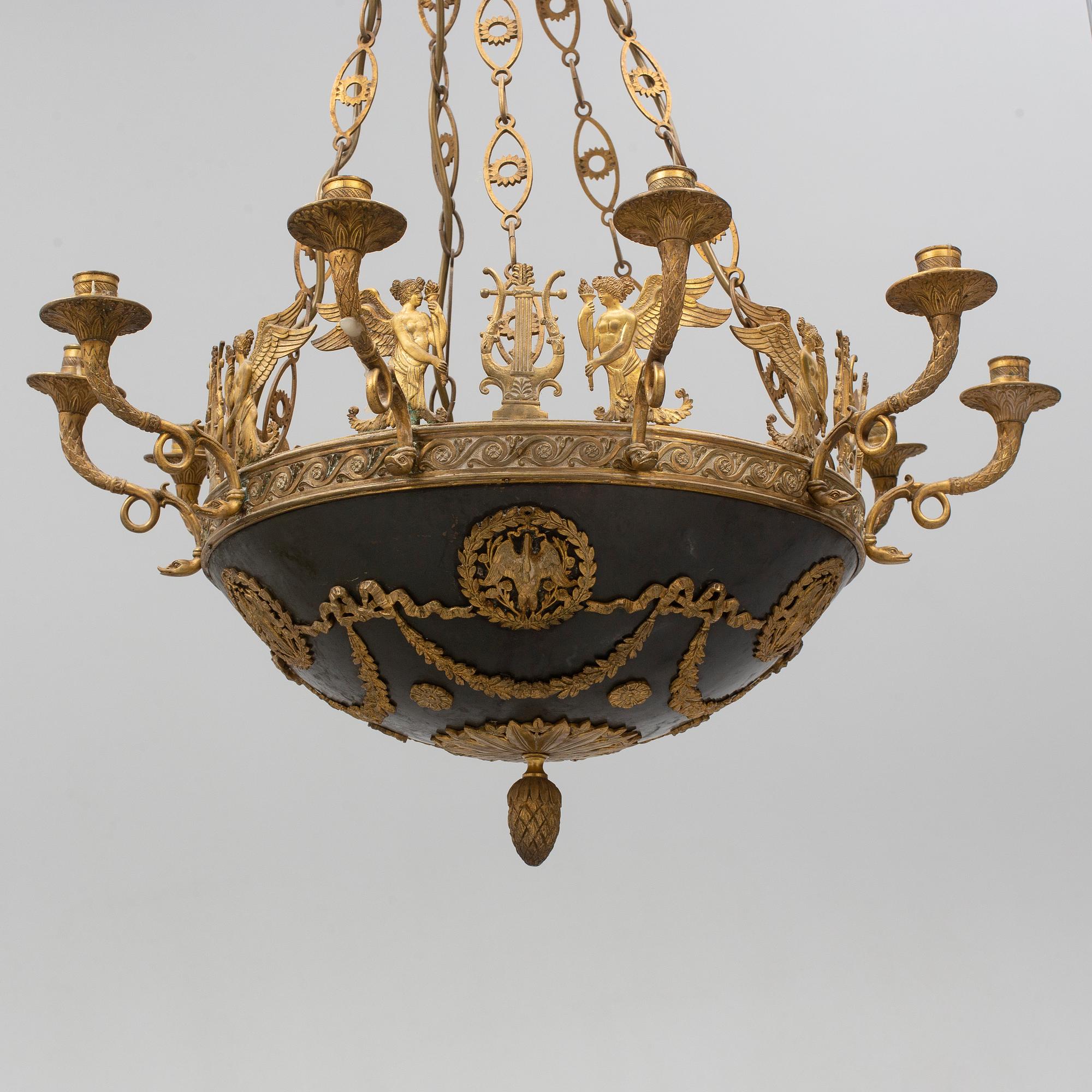 An Empire-style ten-light hanging lamp, late 19th century.