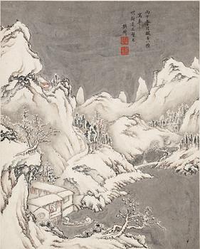 260. ALBUMBLAD, kopia efter Fan Qi (1616-1694), vinterlandskap med figurer, Qingdynastin, 1800-tal.