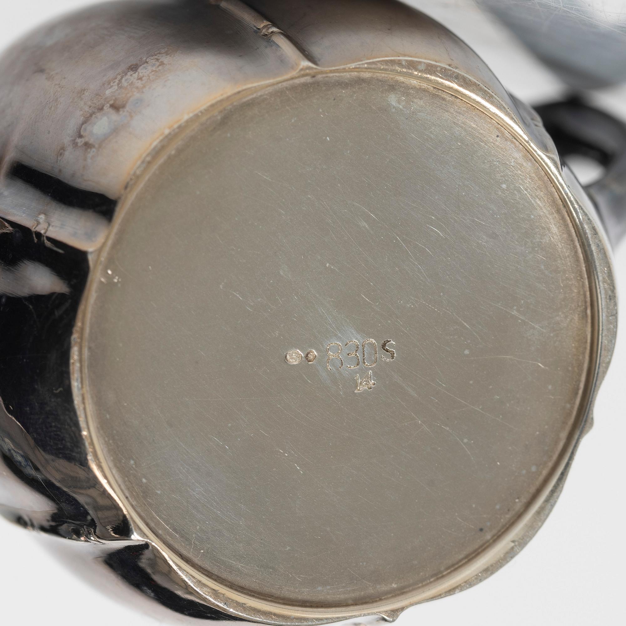 Sugar bowl, creamer and tray, silver, mid-20th century.