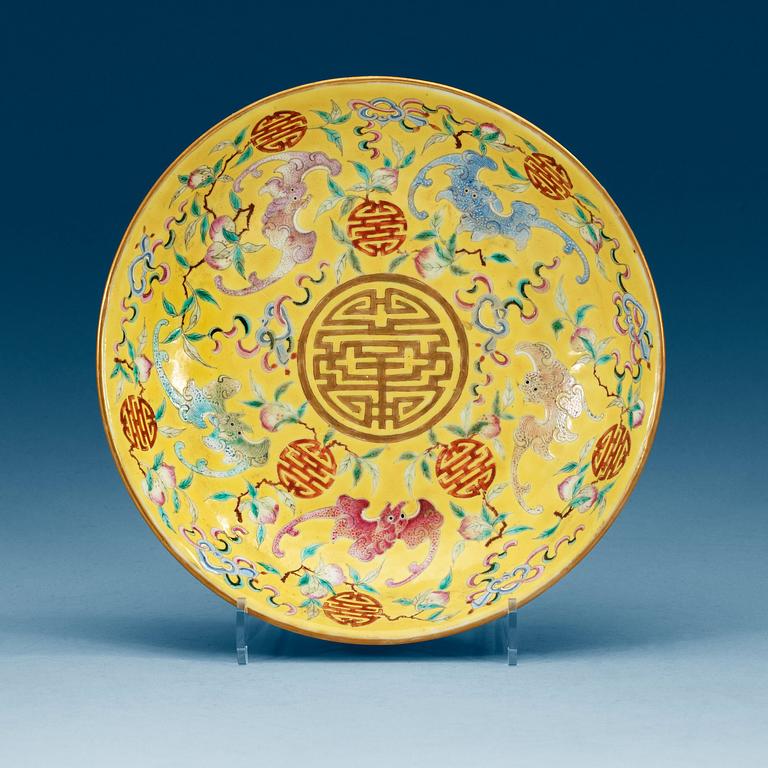 A Chinese yellow glazed dish, presumably Republic with Guangxu six character mark.