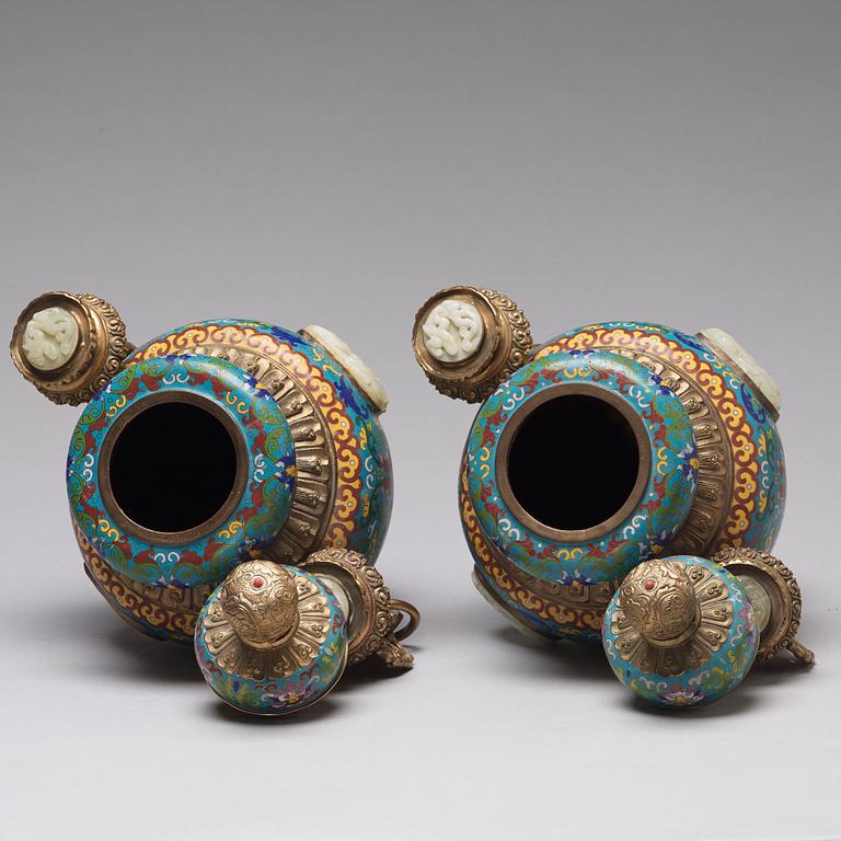 A pair of chinese cloisonne jars with covers with nephrite placques, 20th Century.