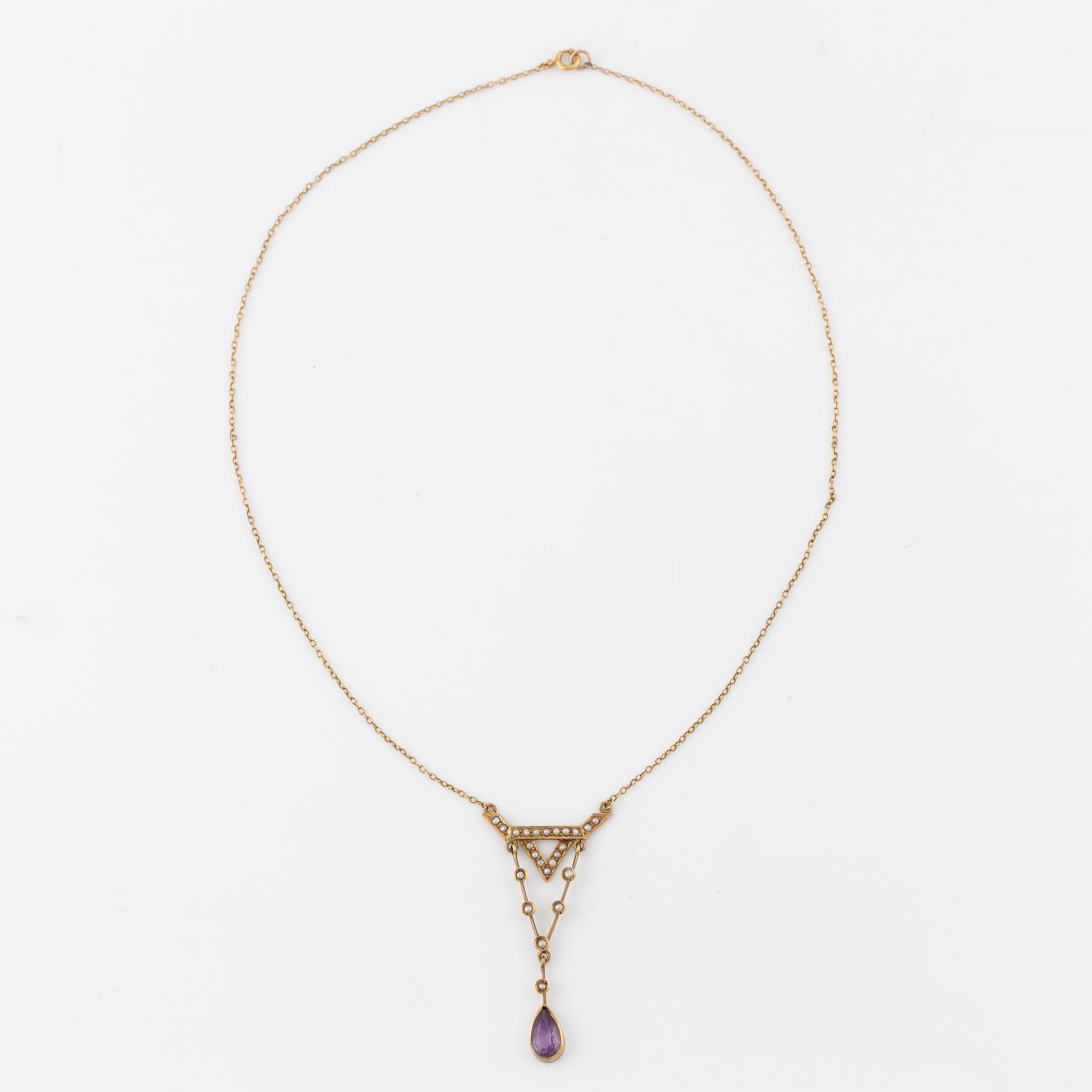 Necklace, 14K gold with amethyst and seed pearls.