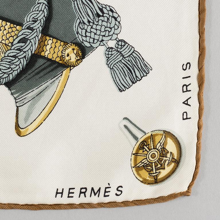 SCARF, Hermès,"Coiffures Militaires"/Vaincre au Mourir", issued 1949.