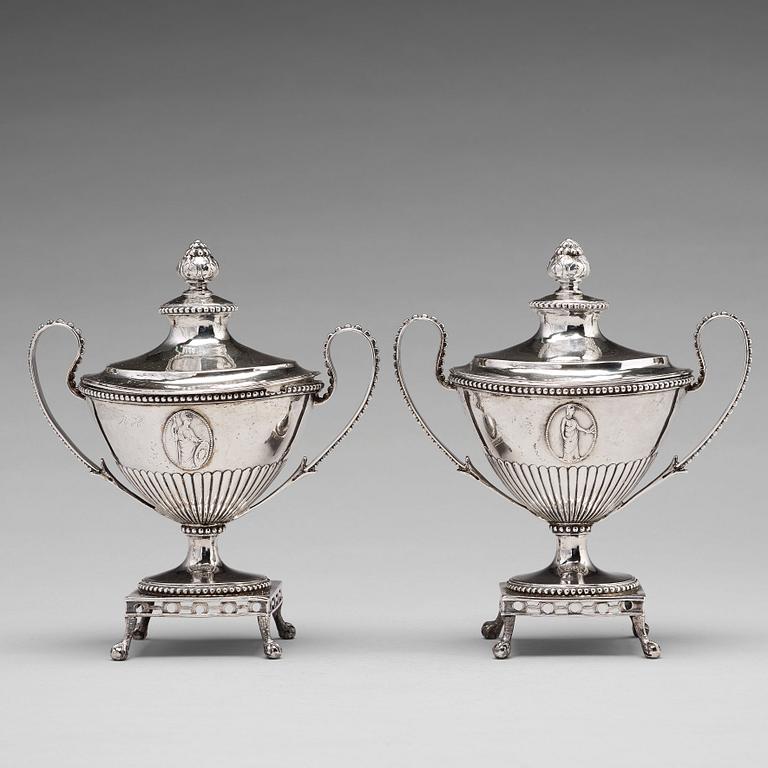 A pair of Swedish 18th century silver sugar-bowls and covers, mark of Johan Ekholm, Stockholm 1792.