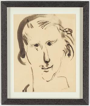 JOHN JON-AND, 2 works, ink and red crayon on paper, one signed, one signed with stamp.